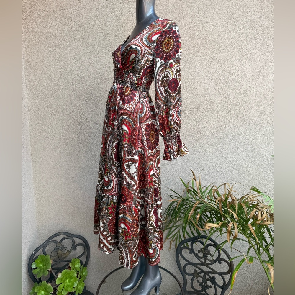 SHEIN Red and Brown Paisley Ladies Long Sleeve Dress